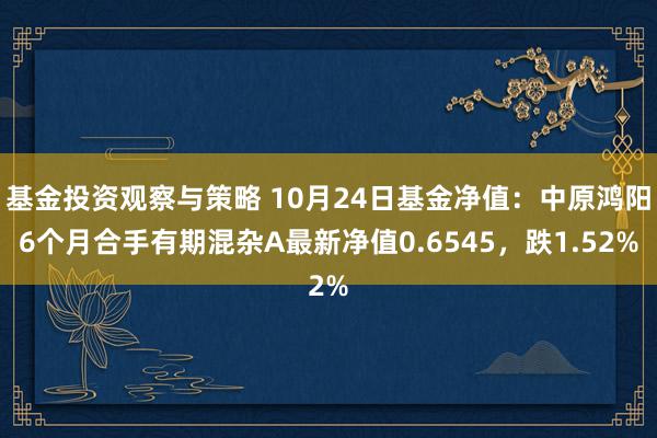 基金投资观察与策略 10月24日基金净值：中原鸿阳6个月合手有期混杂A最新净值0.6545，跌1.52%