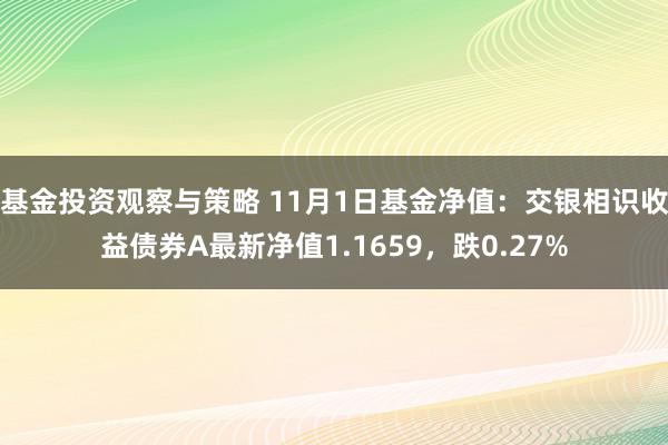 基金投资观察与策略 11月1日基金净值：交银相识收益债券A最新净值1.1659，跌0.27%