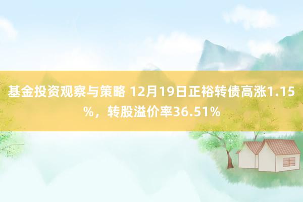 基金投资观察与策略 12月19日正裕转债高涨1.15%，转股溢价率36.51%