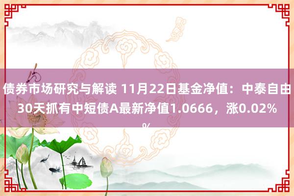 债券市场研究与解读 11月22日基金净值：中泰自由30天抓有中短债A最新净值1.0666，涨0.02%